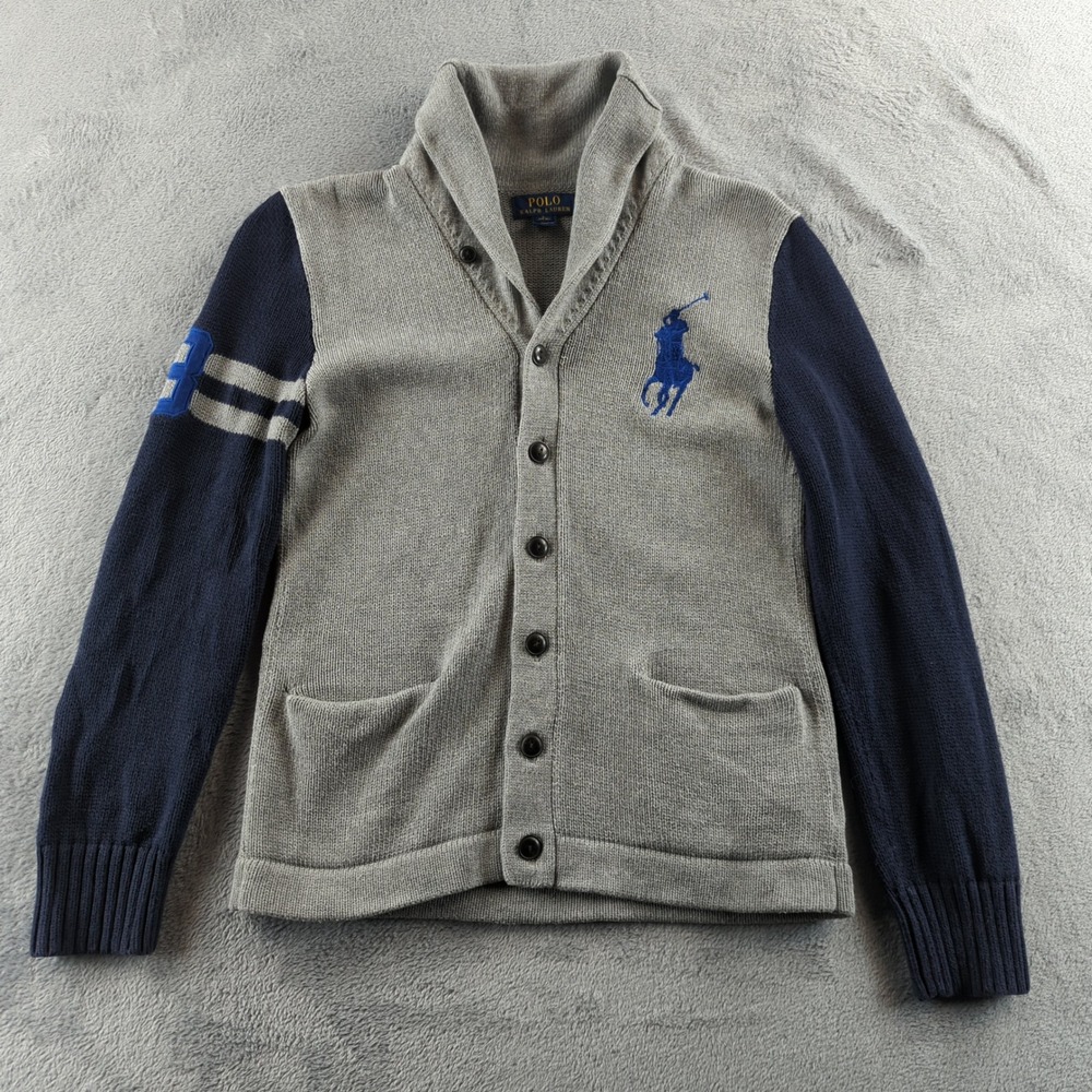 Polo Ralph Lauren Sweater Boys Large 14-16 Gray Shawl Collar Cardigan Big Pony